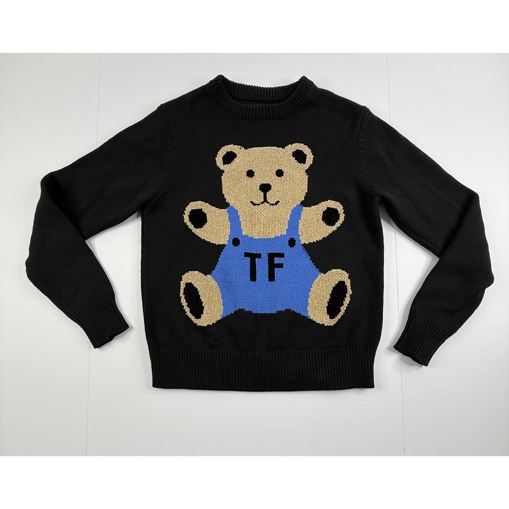 Teddy Fresh Black Knit Sweater Bear Overalls TF Logo Unisex Streetwear Size XS
